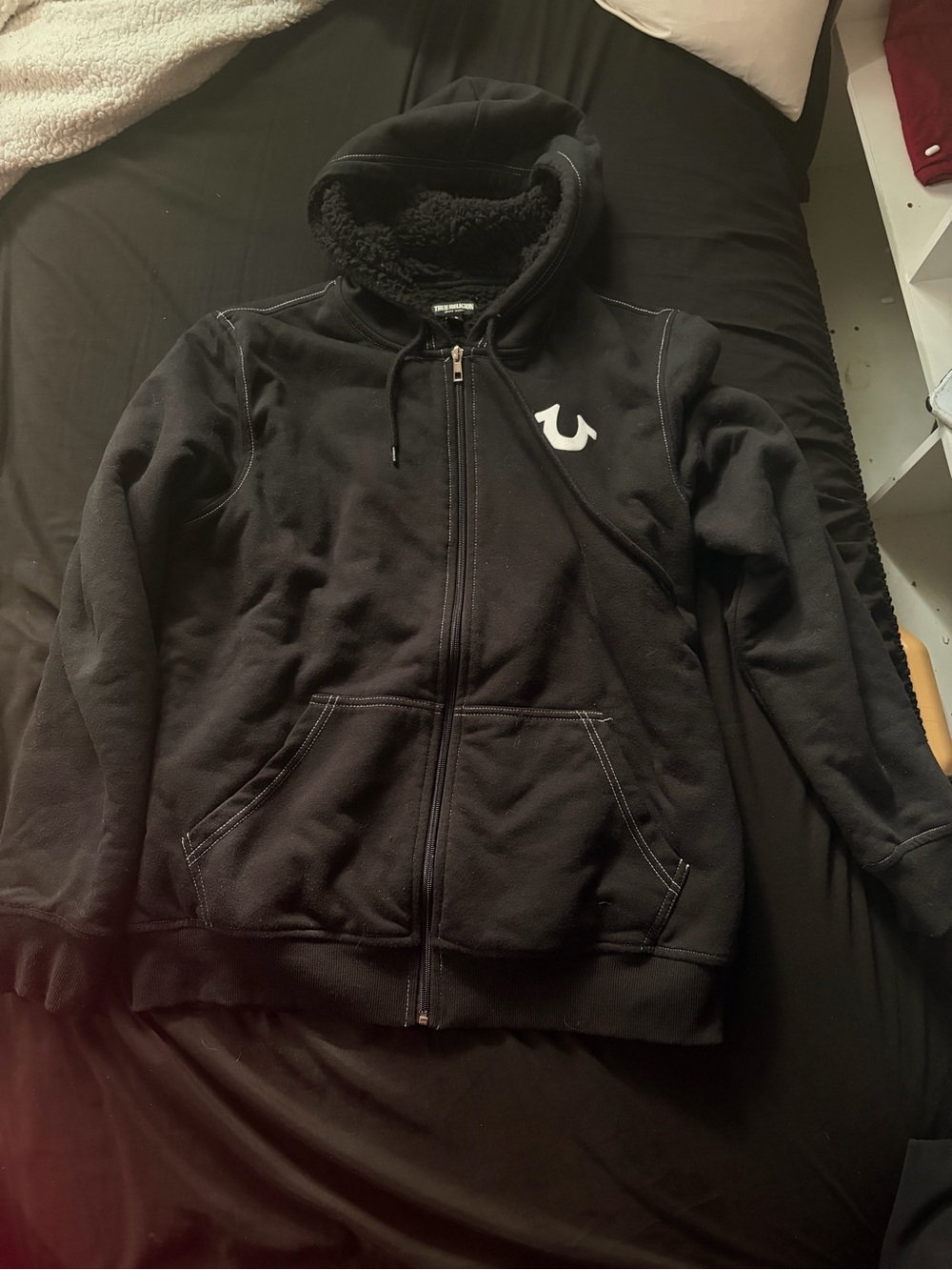 True Religion Black Zip Hoodie with Sherpa Hood